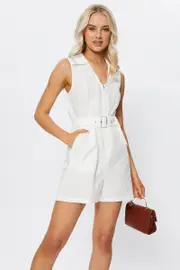 White Sleeveless Linen Belted Playsuit - Size 16, Women's Playsuit