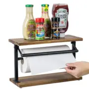 Premium Solid Acacia Wood Paper Towel Holder with Top Display Shelf and Matte Bl