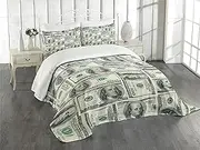 Ambesonne Money Bedspread, Dollar Bills of United States Federal Reserve The Ben Franklin Portrait, Decorative Quilted 3 Piece Coverlet Set with 2 Pillow Shams, King Size, Green Grey