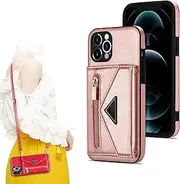 Triangle Crossbody Zipper Wallet Card Leather Case for iPhone 11/12/13 Pro Max with Lanyard Strap (for iPhone 11 Pro Max,C-Pink Gold)