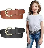 [CIATBYYJ] 2 Pcs Girls Belt, Elastic Leather Kids Belt, Comfortable Adjustable Skinny Waist Belts with Double O Ring Buckle for Children (Brown and Black), Black