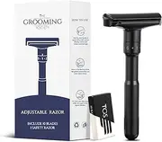 The Grooming Society Adjustable Double Edge Safety Razor, Travel Razor Set, Adjustable Sharpness Band 1 to 6, with 10 Blades (Original Box) - Matt Black