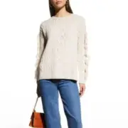NEIMAN MARCUS Cashmere Collection Cable Knit Sweater Fringe Trim Bone Ivory VV7