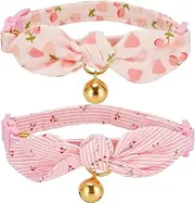 Soft Cotton Cat Collar with Removeable Hand-Tied Bowtie,Pack of 2 Kitten Collars with Quick Release Buckle and Bell for Female Cats Dressing up, Pink Cherry