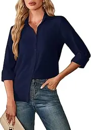 [FaerieFlair] Women's Blouses Elegant V Neck Button Down Shirts Loose Fit Casual Plain Long Sleeve Business Casual Tops