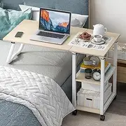 2 in 1 Foldable Overbed Table with Wheels, Bedside Table Adjustable Height, Mobile Computer Desk Laptop Table, Standing Over Bed Table for Hospital and Home Use,Maple a