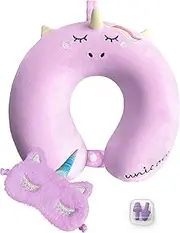 urnexttour Neck Travel Pillow for Kids, Unicorn Airplane Memory Foam Pillow with Cute Sleep Mask & Earplugs, Lightweight Travelling Sleeping Pillow Set for Car, Train, Bus and Home Use (Purple)