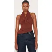 Brown Textured Cowl Neck Backless Long Top, Brown