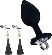 Female Masturbation Nipple Clamps Butt Plug Set Pull Ring Silicone Butt Plug with Luxury Jewelry Base Adjustable Nipple Clamps Anal Sex Toy