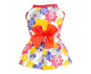 ishuif Summer Floral Print Small Medium Dogs Dress Lovely Bowknot Decor Sleeveless Foreleg Holiday Pet Outfit -Red S