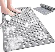 Nonslip Bath Tub Shower Mat with Suction Cups, Extra Long Bathtub Mat for Kids, Soft TPE Bath Mat, Bathtub Bathroom Mats, Machine Washable (Grey, 40 x 88cm)