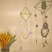 MrMrKura Crystal Suncatcher for Windows Hanging with Chain, Gold Sun Catchers with Crystals Rainbow Maker Wind Chime Crystal Ornament for Home Indoor Decor (Rose Quartz)