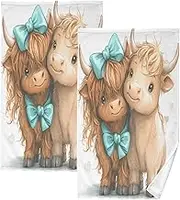 RPLIFE Cute Highland Cow White Hand Towels for Bathroom Set of 2, 16x28 Inch Bathroom Hand Towels Decorative Set, Gym Towels for Working Out
