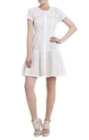 NEW BCBGMAXAZRIA WHITE MACY BLOCKED-LACE FLARED SKIRT DRESS XLB61A75/M950W SZ 10