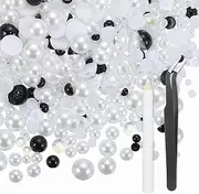 uxcell 100g Flatback Rhinestones, 3mm-10mm Mixed Rhinestones and Half Pearls with Pick Up Pen and Tweezer for Nail Art Crafts, Phone Case, Clothes DIY (Black/White)