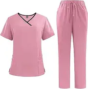 [Meichoon] Scrubs for Women Split Suit V-Neck Top and Jogging Pants with Four Pockets Pure Color Quick Drying Medical Nursing Uniforms DK51