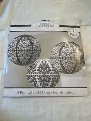 BLACK & WHITE DAMASK PAPER LANTERNS (3) ~ Birthday Party Supplies Decorations N