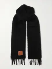 [LOEWE] LOEWE - Fringed Leather-trimmed Mohair-blend Scarf - Black - One size One size Black