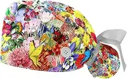 [WOSHJIUK] Working Hat 2 Pack Scrub Caps for Women,Flowers and Butterflies Garden,Tie Back Cap Adjustable Scrub Hat