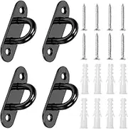 Swpeet 4Pcs M5 304 Stainless Steel Black Oval Pad Eye Plate Hook with Screws and Plastic Anchors Assortment Kit, Marine Hardware Hooks Ceiling U Hook Staple Ring Hook for Securing Hanging