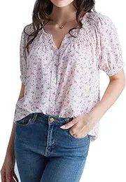 [SCARLET DARKNESS] Peasant Tops for Women Floral Smocked V Neck Chiffon Blouses Summer Puff Sleeve Boho Top
