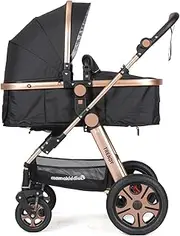 Mama kiddies Trendy Black Gold Convertible 2in1 Aluminium Alloy Pram Stroller Bassinet Rain Cover, Foot Cover, Cup Holder, Inner Cushion, Mosquito Net Included