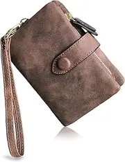 PofeeXIO Womens Small Bifold Leather Wallets Rfid Ladies Wristlet with Card slots id window Zipper Coin Purse, Brown, Small