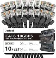 Jadaol Cat6 Ethernet Cable, Outdoor&Indoor, 10Gbps Supports Cat8 Cat7 Network, Heavy Duty Internet LAN Patch Cord, High Speed Weatherproof Cable for Router, Modem (Round, Black, 10ft-24Pack)