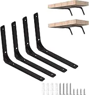 Cimeton 4Pcs 12Inch Black Wall Shelf Bracket, Heavy Duty L Shelf Brackets Shelf Support Angle Brackets L Bracket Decorative Shelf Brackets with Screws for Shelves, Wall and Wood