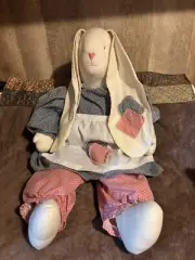 Vintage Handmade Stuffed Girl Bunny Rabbit Dolls Blue & White Outfits Red Outfit
