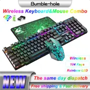 104 Keys 2.4Ghz Wireless Gaming Keyboard and Mouse Set Rainbow LED Backlit Black