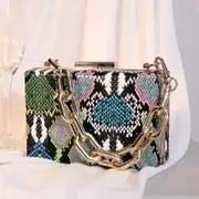 Snake Pattern PU Leather Handbag, Women's Back Bag, Red Acrylic Chain Box Net, Small Square Bag, Crossbody Bag