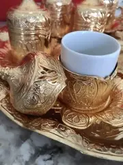NIB Set of 6 Gold Ornate Turkish Coffee + Tea Cups w/ Saucers + Holders + Tray