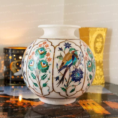 8" Marble Vase Pot, Floral bird Inlay, Vase Pot, Decor art & collectibles