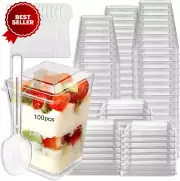 100 x 150ml Dessert Cups w Lids & Spoons - Mini Clear Plastic Cups for Desserts