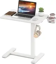 [Giantex] Mobile Standing Desk, Height Adjustable Overbed Bedside Table w/Cup Holder, Pneumatic Rolling Laptop Desk w/Hidden Wheels, Sofa Side Table for Living Room Bedroom Study (White)