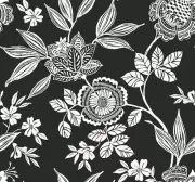 Wallpaper Wood Cut Block Jacobean Floral Print, White on Black, 60 sq ft Bolt