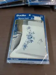 Bucilla Special Edition Blue Jacobean Stamped Pillowcase Pair NIP(craftse)