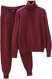 [UIOKLMJH] Women Knitted Tracksuit 2 Pieces Set Turtleneck Sweater +Casual Knitwear Pants Pullover Sweater Set Outwear Suit