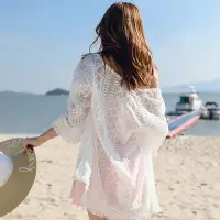 在飛比找Yahoo奇摩拍賣-7-11運費0元優惠優惠-波西米亞風—蕾絲雪紡衫 比基尼罩衫 度假沙灘防曬衣 白色罩衫