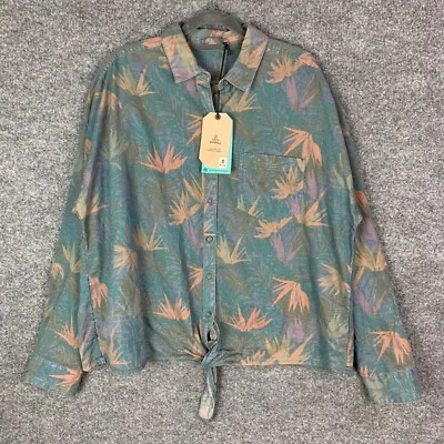 NWT prAna Ediza Top Washed Leaves Shirt Womens Sz L Button Up Front Tie Outdoor