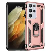 For Samsung Galaxy S21 Ultra Case, Military Grade 360 Degree Rotating Metal Magnetic Ring Car Mount Holder Kickstand Shockproof Heavy Duty Cover (Rose Gold)