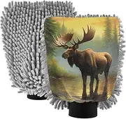 XYMZR Water Moose Forest Absorbent Microfiber Car Wash Mitt, Funny Cute Anime Scratch Free for Cars Cleaning, Home Cleaning Mitts, 2 Pack, 10.24” L x 7.09” W