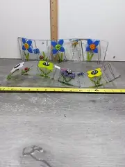 2 Vtg Curved Art Glass Shelf/Window Still - Hand Blown Flowers Dragonfly Ladybug