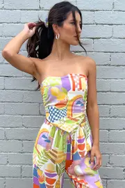 Multi Abstract Scarf Top Strapless Linen Blend - Size 16, Women's Crop Top