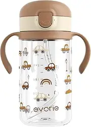 Evorie Tritan Spill Proof Toddler Straw Sippy Cup, 10 oz for Baby and Toddlers 1-3 Years Old, No Spill Straw Water Bottle with Removable Handles, Ideal for School, BPA-Free, Choco Car (New)