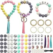 86 Pcs Silicone Beads Making kit for Bracelet Car Keychain, Polygonal Round DIY Beaded Wrislet with Elastic Cord and Key Rings Tassel Pendants for Women Girl