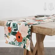 Vintage Green Flower Table Runner,70s Abstract Floral Home 36X13inch Flowers-8