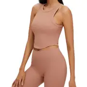 Nevenka Rib-Knit Crop Tank Tops Removable Padded Quick Dry Sports Bras-Cocoa