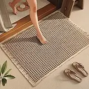 Upgraded Waffle Bath Mat, Super Absorbent Washable Non Slip Easy to Clean Runner Rug Mat, Machine Washable Tassel Bathroom Rug, Ultra Soft, for Hallways, Laundry Rooms, Bathrooms (Khaki 61 * 92cm)